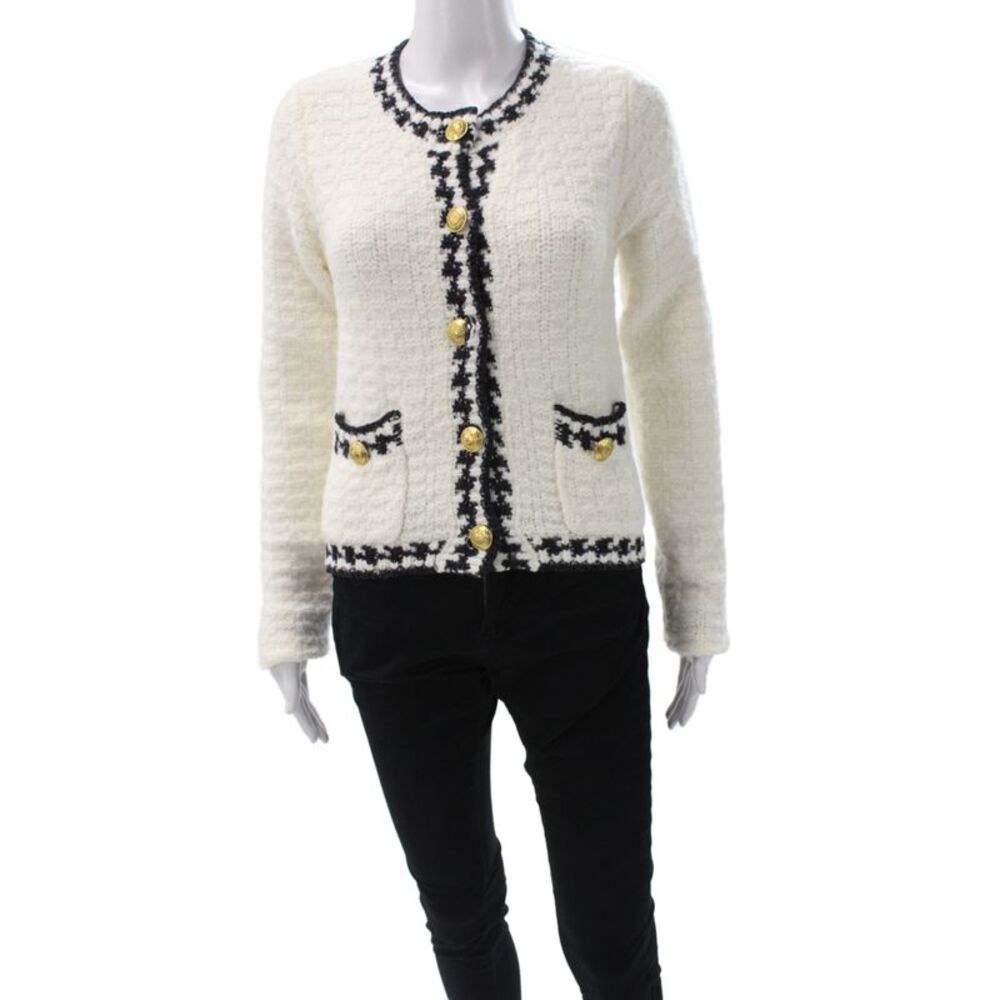 John + Jenn Womens Cardigan Black Check Round Neck Long Sleeve Buttoned Size XS